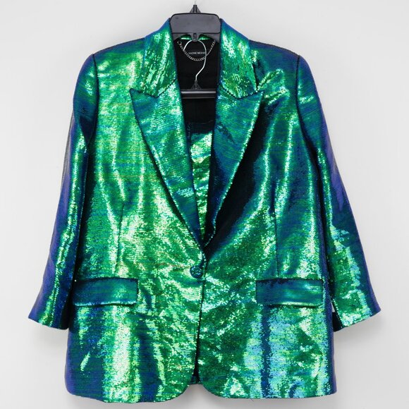 Nadine Merabi Karla Blazer + Shorts Set Sequin Iridescent Green Size XXL 14 - Picture 2 of 13